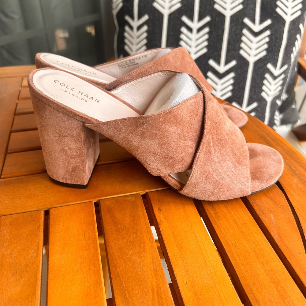 Cole Haan Tan Suede Mules Block Heel